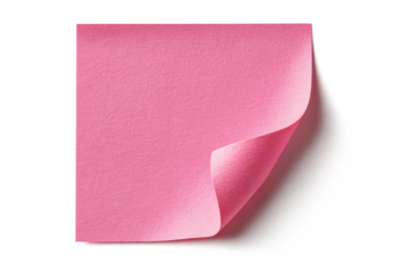 pink sticky note sticked to the wall with curvy edge isolated on white or transparent png
