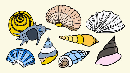 Conch Shell Icons Vector Art – Nautical Sea Shell Symbols, Coastal Marine Illustration Set, and Ocean-Themed Graphic Elements