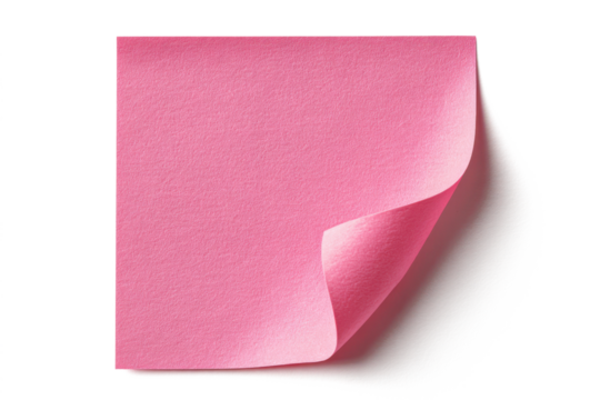 pink sticky note sticked to the wall with curvy edge isolated on white or transparent png