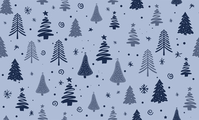 Christmas tree pattern on blue background, Hand drawn illustrations.