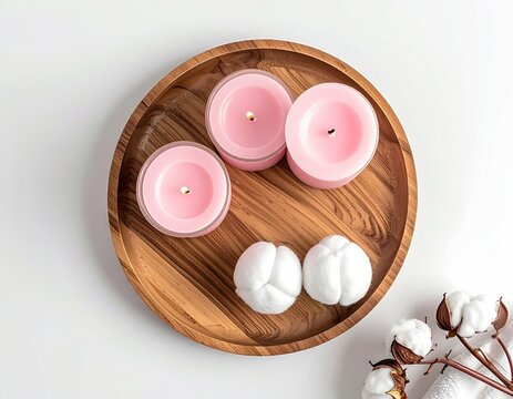 Three pink candles with cotton on a wooden tray
