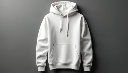 White hoodie laid flat on a dark grey background. Blank pullover sweatshirt ready for design. Empty clothes for e-commerce store product display. Mockup apparel for print on demand business.