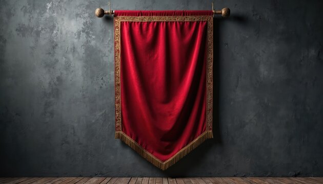 Rich red velvet banner hangs from ornate wooden dowel. Gold trim, fringe decorate luxurious fabric. Dark grey textured wall, wood floor. Empty elegant royal display ready for message, logo, symbol