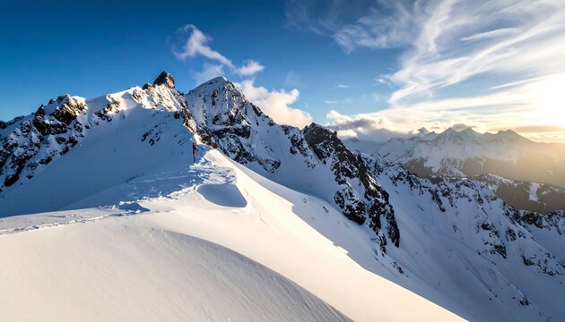Snowy mountain ridge under a blue sky dotted with light clouds, bathed in the soft glow of the setting sun