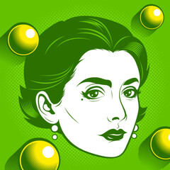 Retro cartoon woman face 1950s 1960s 1970s, vintage pop art girl head illustration on green background, ideal for sticker, fun poster or comic