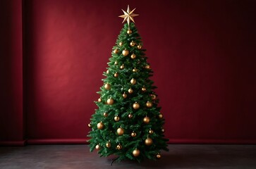 Decorated christmas tree with golden ornaments and star on red