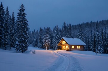 Cozy wooden cabin in snowy winter forest at dusk with warm light