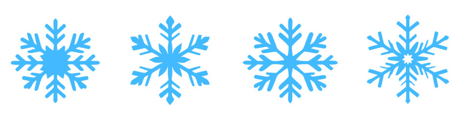 four stylized blue snowflakes on a transparent background, winter design elements