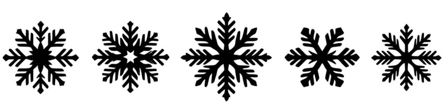 This image features five distinct snowflake designs, each rendered in black silhouette against a clean white background. The snowflakes are varied in their intricate patterns and shapes.
