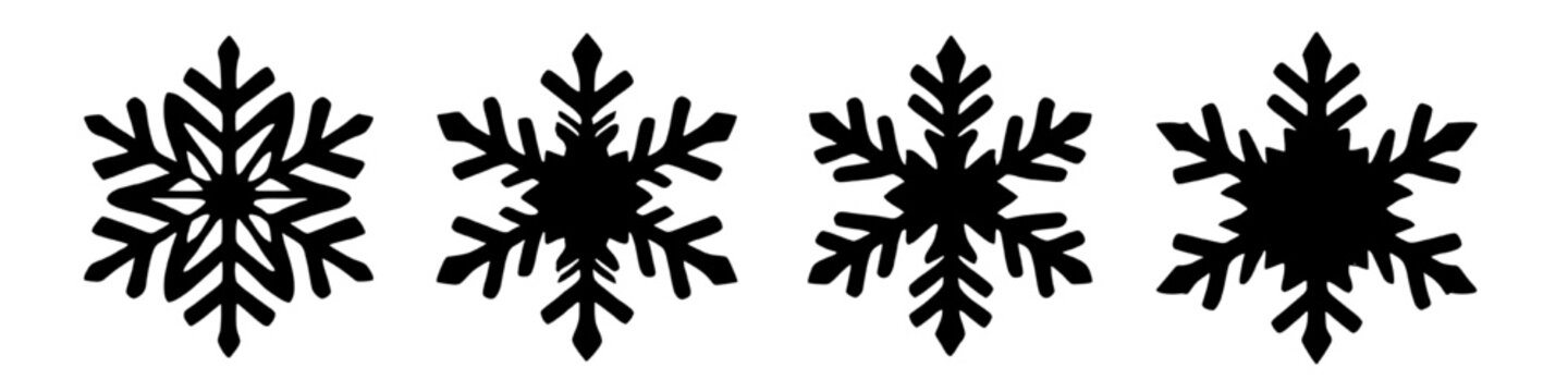 four unique black snowflake silhouettes on a white background, perfect for winter holiday designs