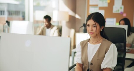 Computer, creative and business woman in office for publishing, online article and research. Coworking, magazine agency and person on pc for proofreading report, copywriting and editing review