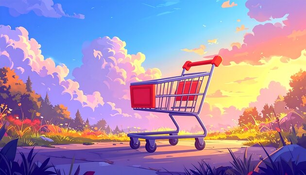 Illustration of a shopping cart on asphalt with a vibrant sunset and nature background - Powered by Adobe