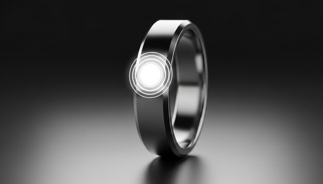 A futuristic concept of a smart ring with a glowing light interface. This modern wearable technology jewelry has a powerful connection symbol on its sleek, dark metallic band.