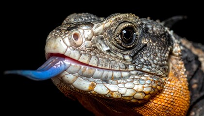 Detailed macro of a lizard head, showing its textured skin and vibrant blue tongue, against a dark background