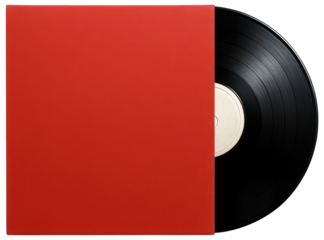 Black Vinyl Record Partially Sliding Out of Red Cover