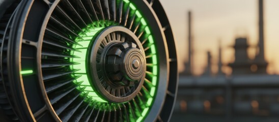 Futuristic engine turbine rotating with a vibrant green light, representing advanced technology, renewable energy, and industrial innovation against a blurred manufacturing plant background