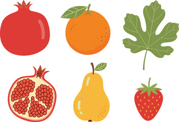 Fruit and Leaf Illustration Set – Colorful Botanical Icons for Food and Nature Design