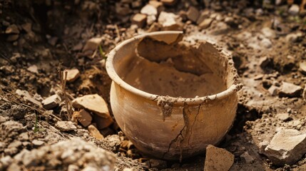 An ancient clay pot partially buried in the ground. The pot is cracked and surrounded by dirt and small stones, indicating an archaeological site.