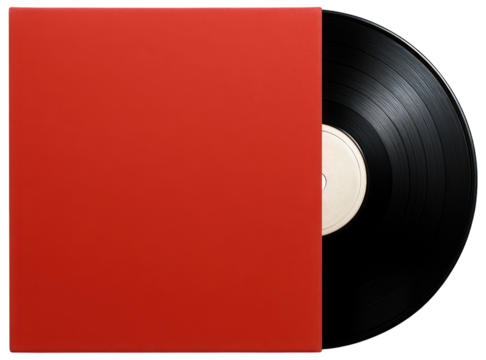 Black Vinyl Record Partially Sliding Out of Red Cover