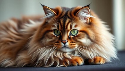 Majestic Siberian cat, a fluffy long-haired feline with striking green eyes, rests peacefully, showcasing its beautiful, thick coat,  snow,  russian