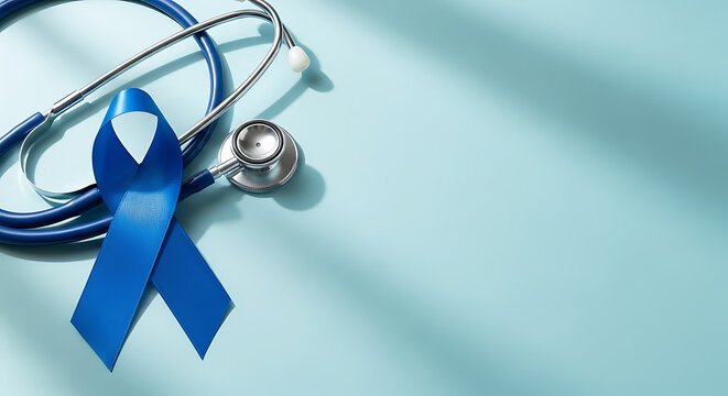 Blue ribbon and stethoscope on a blue background symbolize awareness for health issues such as prostate cancer.