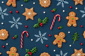 Festive christmas flat lay with gingerbread cookies and candy canes