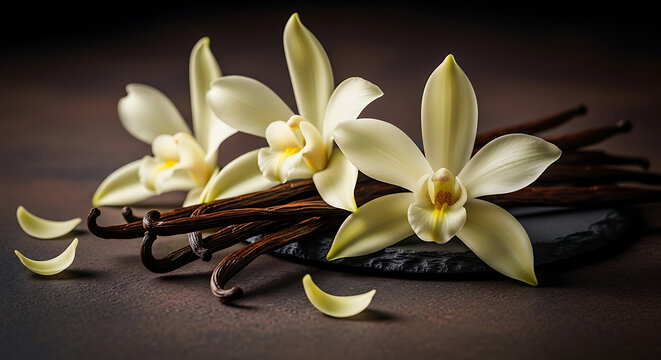 Vanilla beans and blossoms sit on a dark surface, releasing their aromatic fragrance.
