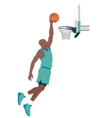 Male Basketball Player Slam Dunk Silhouette Style, Athlete Dunking the Basketball in Teal Uniform