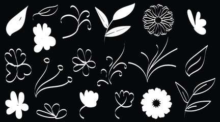 Floral line art illustration set, minimalist botanical white elements, decorative flower collection