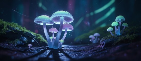 Group of small, magical mushrooms illuminating a dark forest floor, showing vibrant green and purple light with water droplets on their caps creating a surreal and enchanting atmosphere