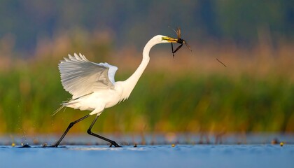 Obraz premium Graceful white egret wading in shallow water, catching a brown dragonfly in its beak