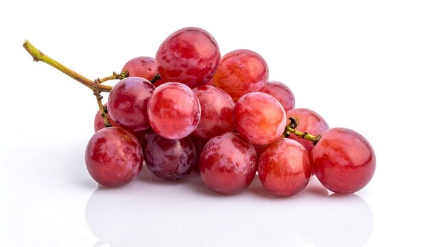 A bunch of ripe, red grapes with a short stem, isolated on a bright white surface with soft reflections - Powered by Adobe