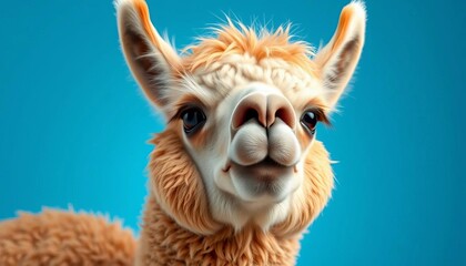 Obraz premium Silly alpaca llama, goofy expression, isolated on vibrant blue backdrop, happy, fiber