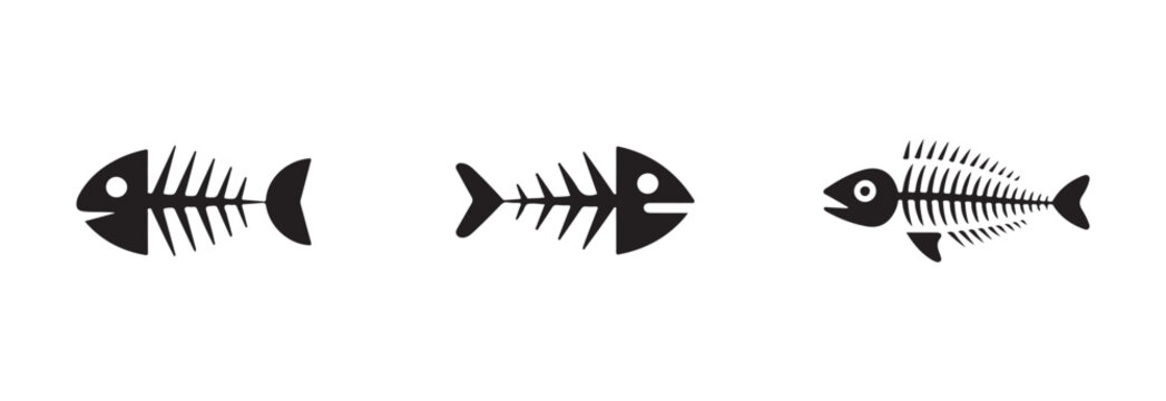 Black fish bone, fishbone isolated skeleton vector silhouettes, vector illustration of dead fish, vector illustration EPS 10.