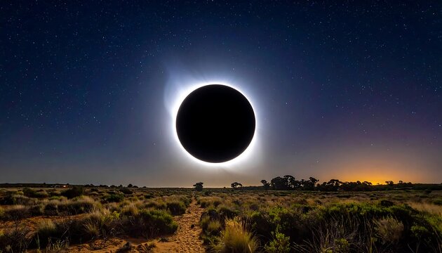 A dark orb eclipses light above a grassy field at dusk beneath a starry sky, creating a celestial event