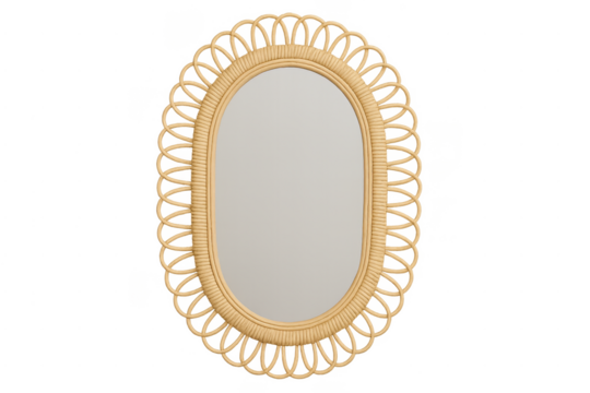 Oval rattan wicker mirror with bohemian frame design