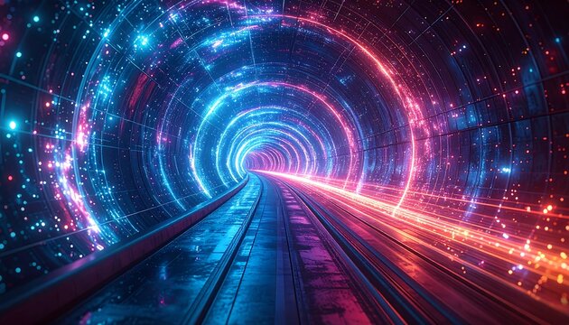 Neon tunnel with converging tracks and lights creating a futuristic, abstract and energetic scene