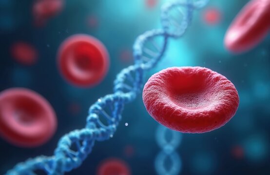 Red blood cells float near DNA helix structure on vibrant blue background. Detailed microscopic view shows human body cells, genetic code. Represents health, science, medical research, biology
