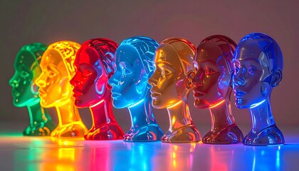 Row of translucent head forms in rainbow order, softly lit against a gradient floor