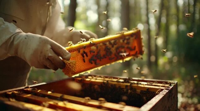 Beekeeper harvests golden honeycomb in forest apiary with buzzing bees