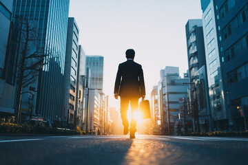 夕陽に照らされた決意の歩み ― 新たな未来へ進むビジネスマン