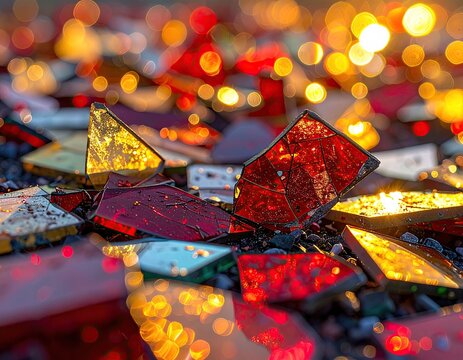 Red/gold glass shards sparkle on dark ground with blurred lights