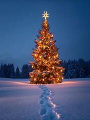 Festive christmas tree with star in snowy landscape at dusk.