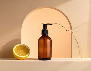 Amber pump bottle w/ lemon; arched light backdrop