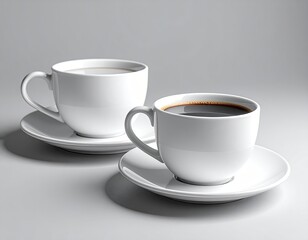 Two white cups with liquid sit on saucers in soft light