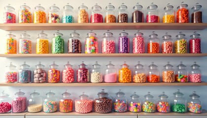 Fototapeta premium Illustration presents candy shop display with multiple jars filled with colorful sweets. Various types of candies arranged in rows on shelves offering vibrant assortment. Image suitable for