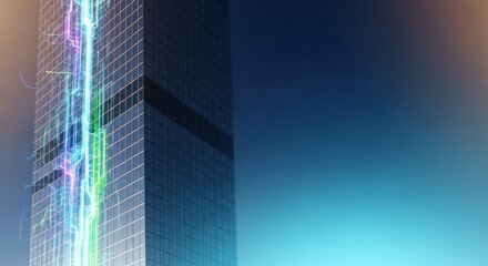 Energetic Innovation: Modern Skyscraper with Vibrant, Futuristic Lighting Effects
