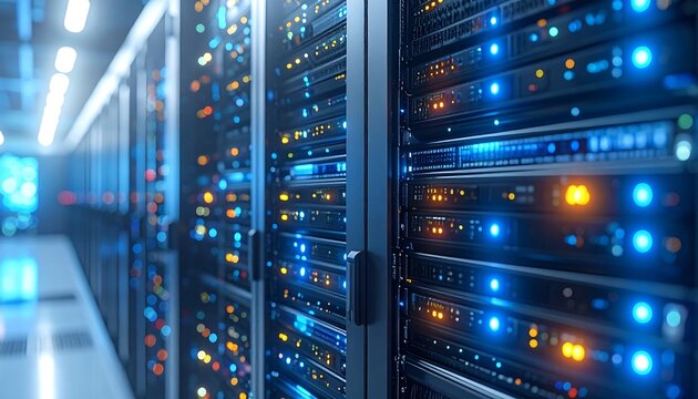 Server room perspective, with rows of servers illuminated with blue and orange lights, depicting data management