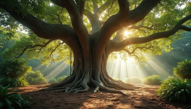 Giant tropical tree stands with massive roots firmly planted in dense jungle. Golden sun rays filter through green foliage, illuminating forest floor. Ancient majestic plant thrives in nature,