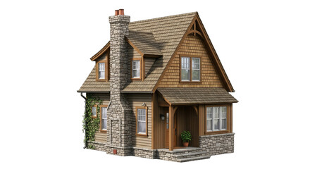 Charming Rustic Cottage With Stone Chimney And Wood Siding Set Against A Transparent Background